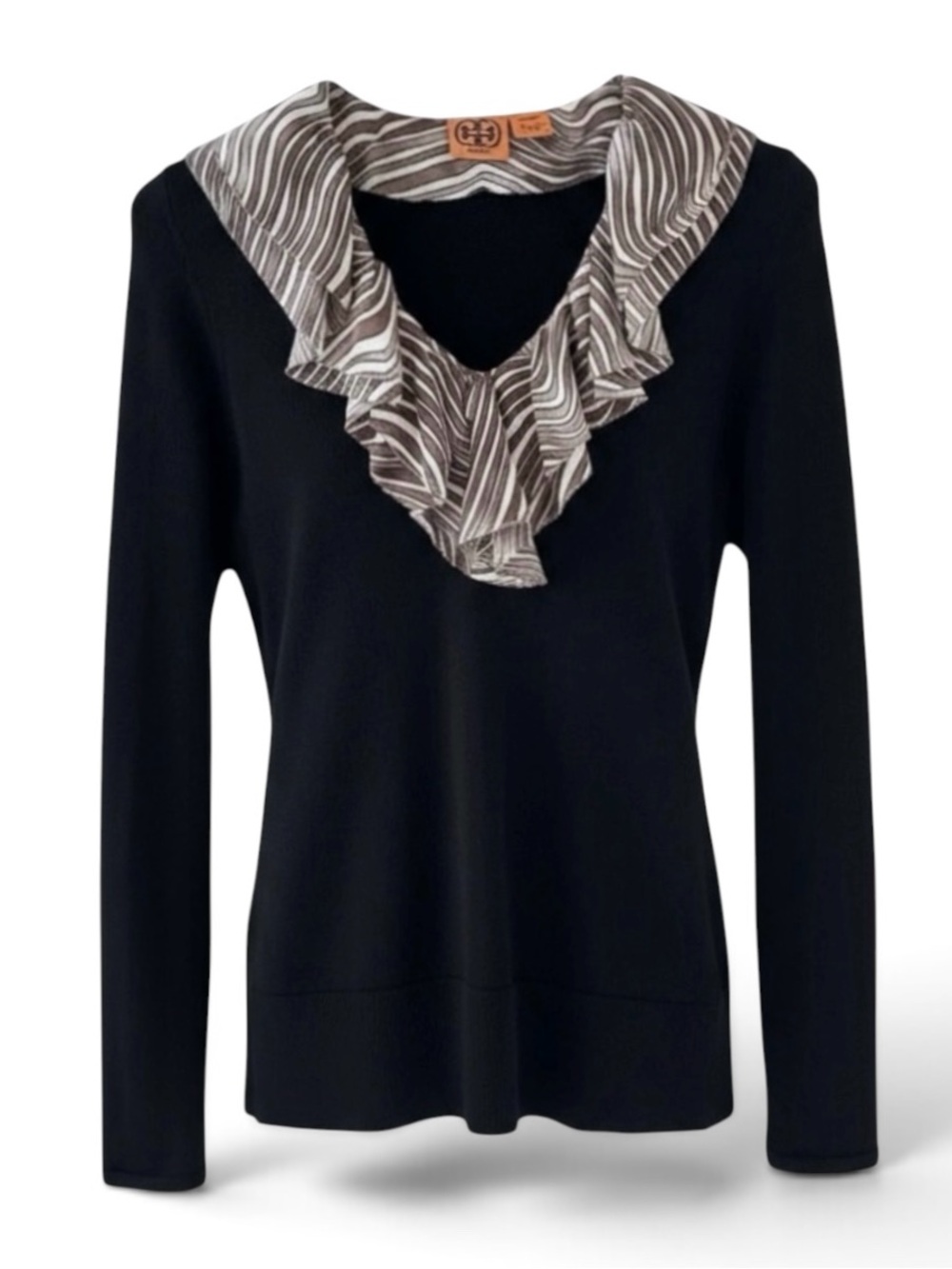 Tory Burch Black 3 in 1 V-Neck Wool Knit Sweater with Removable Collar & Cuffs
